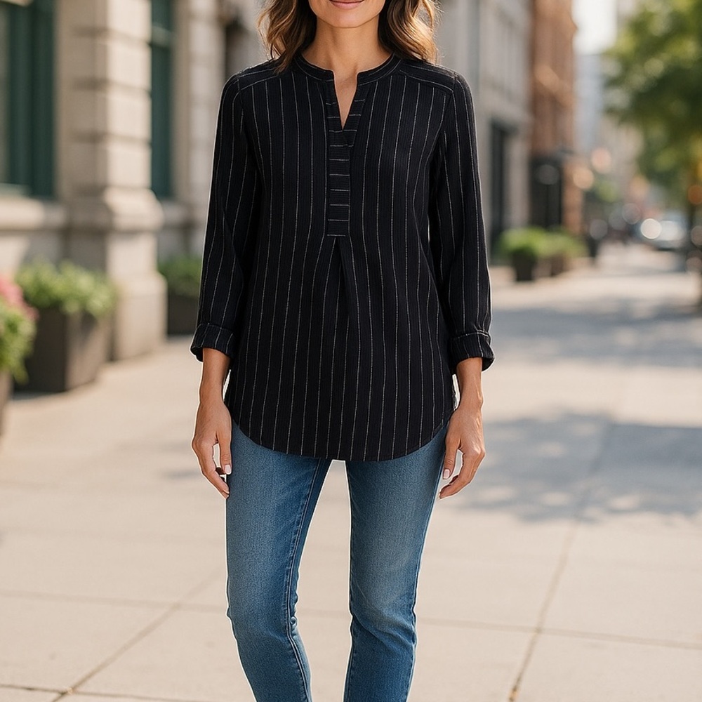 Wrap London Pullover Black Striped Top Long Sleeves Size 4